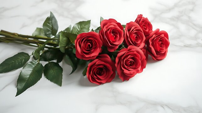 A stunning bouquet of fresh red roses elegantly arranged on a clean white marble background for romantic occasions