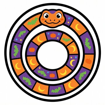 A cute, smiling cartoon snake coiled in circles with a colorful Halloween pattern featuring bats, moons, pumpkins, and stars.