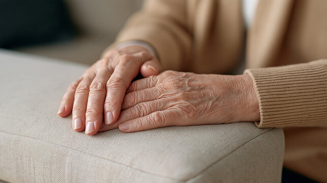 Close up of arthritic senior hands gripping a soft sofa cushion during a moment of visible agitation and confusion, Alzheimer's behavioral symptom, elder anxiety spike, dementia