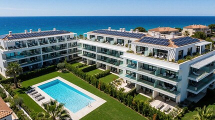 Obraz premium Aerial view of modern luxury apartment complex near blue ocean. Residential building features solar panels on rooftop, private balconies, swimming pool. Green garden with palm trees surrounds hotel