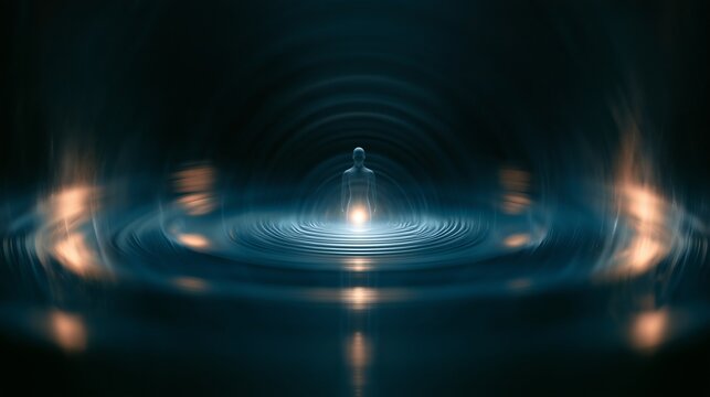 Soundscape with healing sounds at 432Hz featuring a futuristic human figure in a dark setting