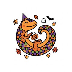 Obraz premium A cute pangolin wearing a witch hat holds a pumpkin bucket surrounded by ghost, bat, autumn leaves, and candy corn elements.