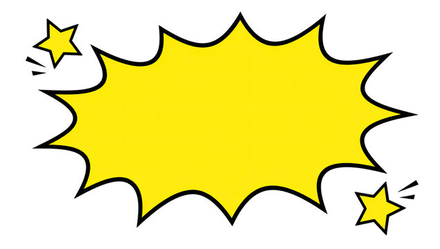 Comic book style yellow speech bubble with cartoon stars is isolated on a transparent background for adding dramatic explosive text in graphic designs.