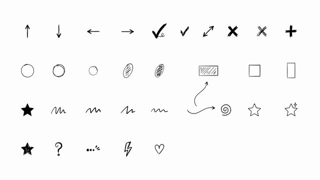 Collection of hand drawn vector icons on a white background depicts various symbols and shapes arrows checkmark cross plus