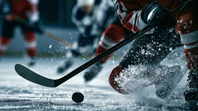 Hockey players compete on ice during a match with a focus on the puck and stick