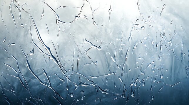 Abstract pattern of frozen water droplets on glass, creating delicate, intricate designs and a cool, serene, frosty atmosphere, perfect for winter themes