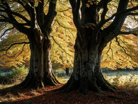 Two ancient beech trees stand tall with vibrant golden leaves in autumn sunlight. Fallen leaves carpet the ground creating a warm, inviting scene.