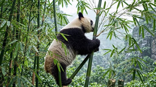 Giant Panda Climbing Lush Bamboo Forest in Misty Mountains
