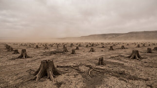 View of thousands of tree stumps due to massive forest deforestation caused by climate change.