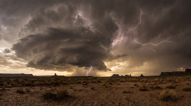 View of a massive supercell storm over a dry landscape due to extreme weather.