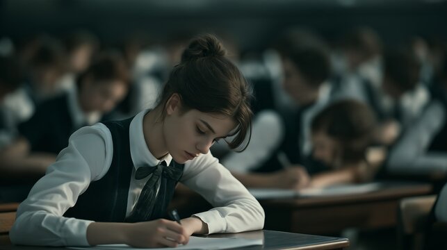 Students taking an exam in a classroom setting during the day