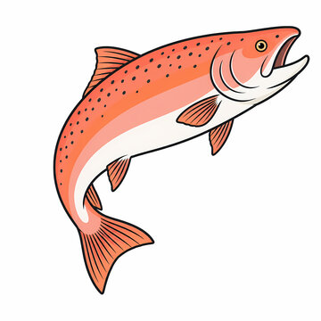 Jumping salmon fish vector illustration, cute cartoon trout mascot sticker isolated on white background