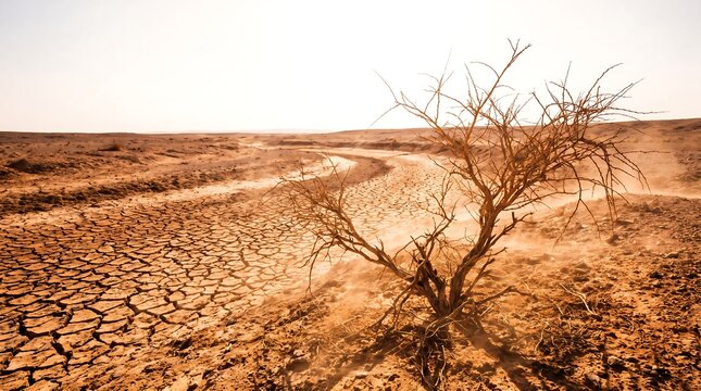 View of cracked earth due to desertification and extreme drought caused by climate change.