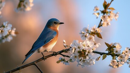 Fototapeta premium National Bluebird of Happiness Day: banner photograph of a bluebird perched on a blossoming branch against a soft blurred pastel sky, generous clean negative space on the right side