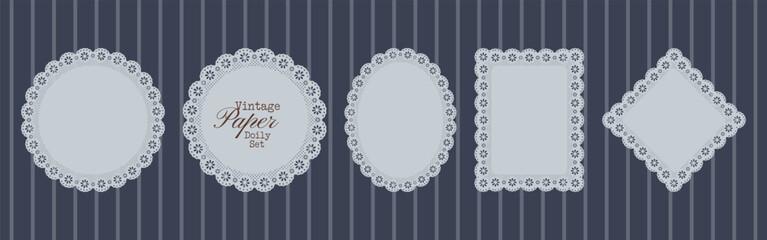 Fototapeta na wymiar Cottagecore floral doily frames crochet lace, daisy cutwork and ornamental edging. Whimsical paper lace doilies in crochet style. Vector botanical silhouettes for wedding invitations.
