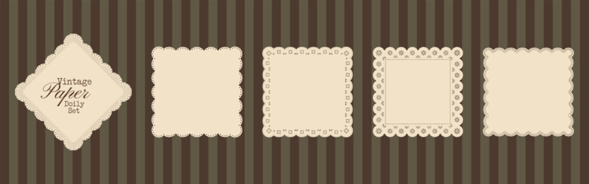 Vintage lace paper doily frame set with square and diamond shapes, scalloped borders and floral cutwork. Classic embroidery handkerchief for baby shower invitations, wedding. Whimsical silhouette.