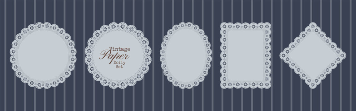 Cottagecore floral doily frames crochet lace, daisy cutwork and ornamental edging. Whimsical paper lace doilies in crochet style. Vector botanical silhouettes for wedding invitations.