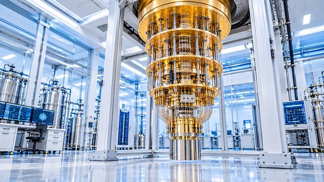 Advanced Golden Quantum Computing System in Clean Professional Technology Lab