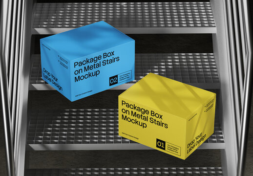 Packaging Box On Metal Stairs Mockup