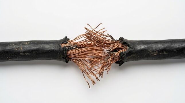 A close up studio shot reveals broken copper wire scrap featuring torn black insulation and exposed tangled metallic strands stretching across a plain white background surface