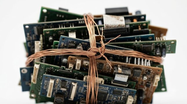 A close up view of a stack of old printed circuit boards securely bound together with tightly wrapped copper wire scrap, isolated against a bright white background