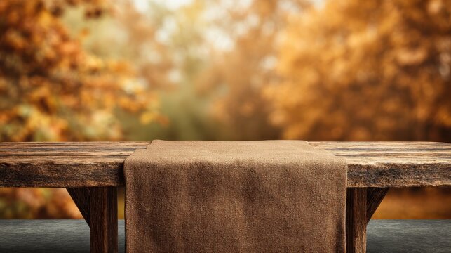 Rustic wooden table with brown cloth, autumn forest bokeh background. Cozy outdoor fall setting for copy space