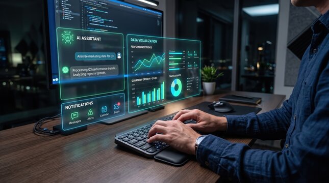 Developer using AI assistant interface on computer monitor with data visualization holograms, artificial intelligence technology concept, coding workspace, futuristic software