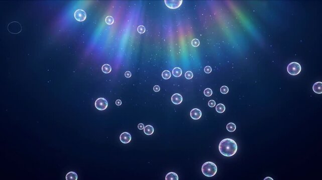 虹色に輝くミラーボールのアイコンが深海調の空間を漂う抽象CG背景