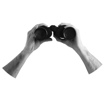 Two hands grip a pair of binoculars, suggesting a moment of looking at something distant. The background is transparent, focusing on the hands and binoculars.