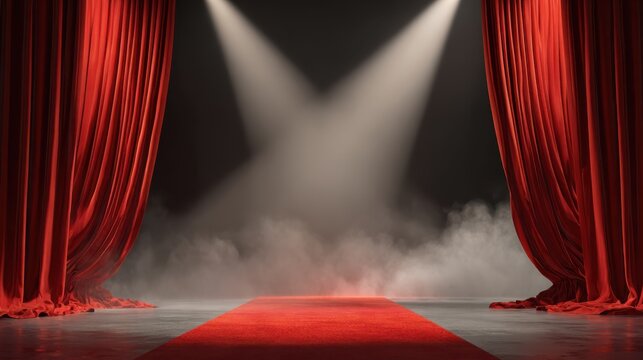Vintage theater stage with red velvet curtains and spotlight beams, smoky red carpet podium backdrop for events