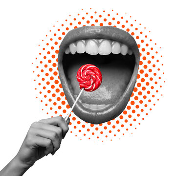 A hand holds a red lollipop in front of a large open mouth. The mouth shows white teeth and has a colorful background. This scene shows a playful moment.