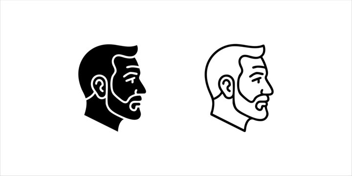 Set of side profile bearded man head icons in black glyph and line art styles