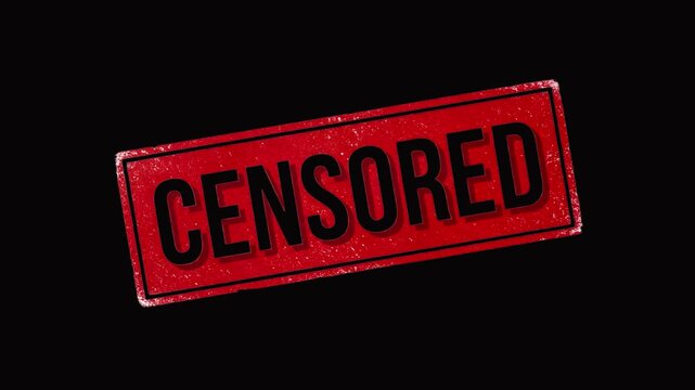 Distressed Red Censored Warning Sign with Bold Black Text and Grunge Texture on Black Background, Censorship Animation