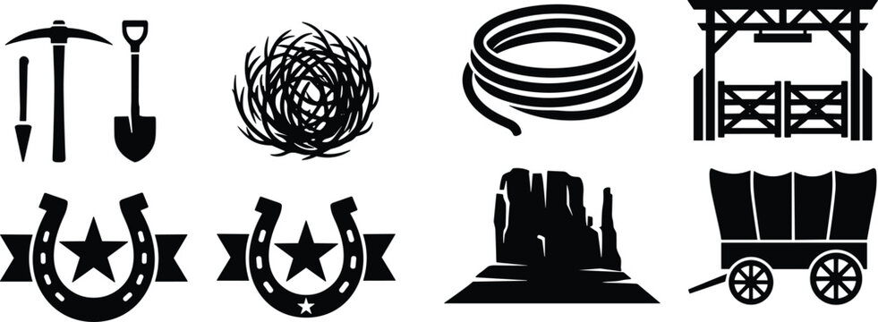 Wild West Silhouette Icons Set with Mining Tools, Tumbleweed, Lasso Rope, Ranch Gate, Horseshoe Badges, Desert Mesa, and Covered Wagon
