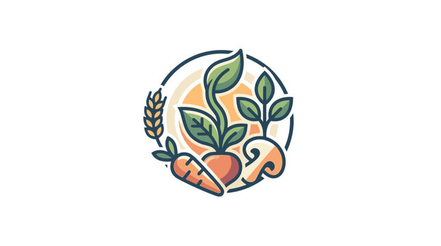 Minimalist vegetable garden logo icon with carrot and mushroom