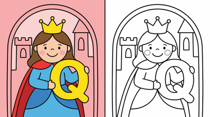 Cartoon princess holding letter q for children educational alphabet coloring activity with letter q coloring page kids education © Mehedi