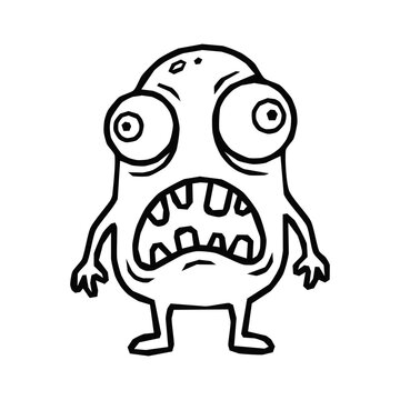 A funny hand drawn sketchy alien character featuring huge bulging eyes and a terrified facial expression expressing panic while standing upright in a humorous cartoon style scene