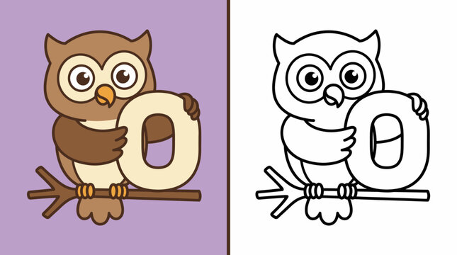 Cute cartoon owl holding the letter o for educational coloring page with letter o bird character learning alphabet animal lette
