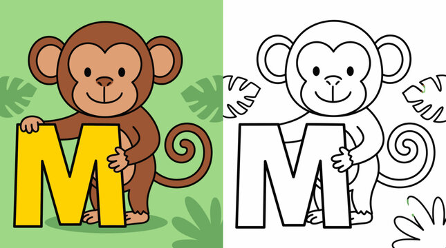 Cute monkey character holding the letter m for children educational coloring worksheet with letter m coloring page kids educatio