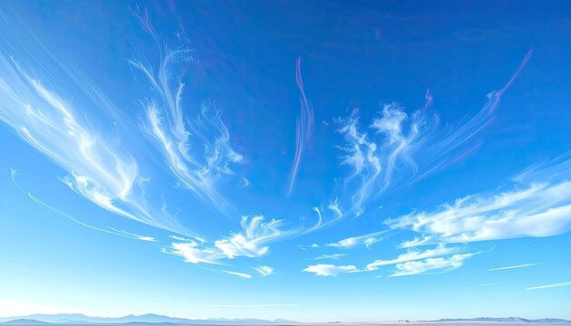 Wispy cirrus clouds paint streaks across a vast blue sky, with distant mountains on the horizon.