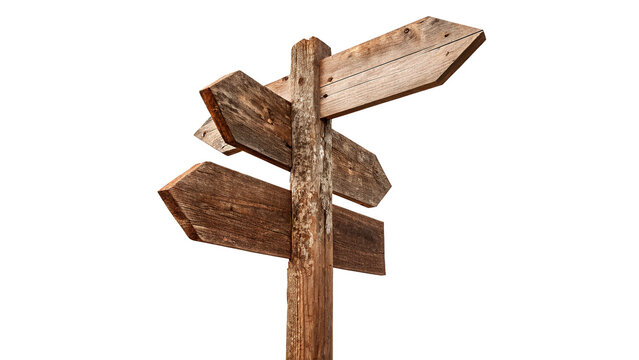 Rustic vintage wooden directional signpost pointer for paths and trails isolated on transparent background