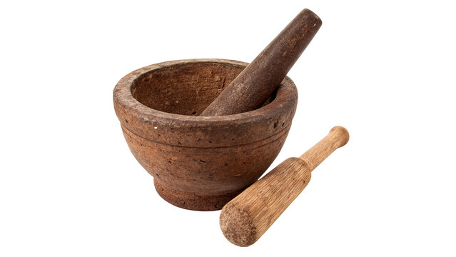 Traditional rustic wooden kitchen mortar and pestle grinding tool isolated on transparent background