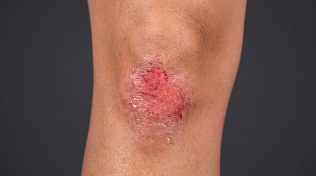 Close up of scraped bloody knee abrasion with serous exudate