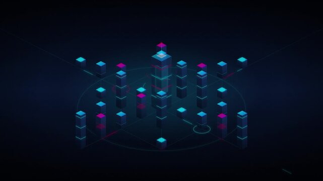 Futuristic 3D data visualization with glowing blue and purple cubes, abstract digital bar chart, high-tech infographic interface for business analytics