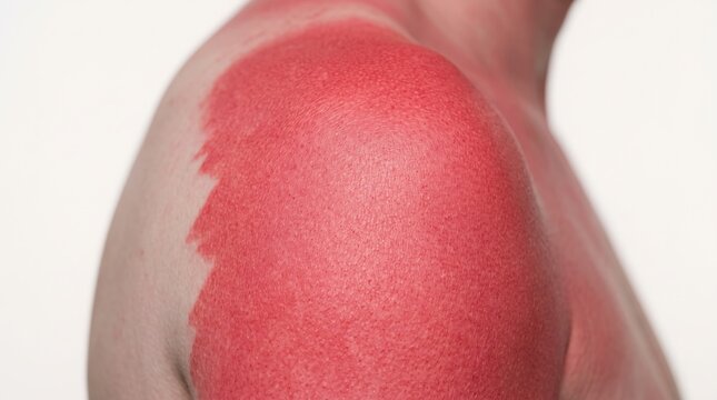 Severe red sunburn on human shoulder showing a sharp contrast border line with undamaged pale skin.