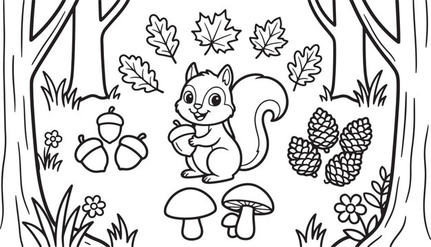 Coloring page with cute squirrel holding acorn in forest.