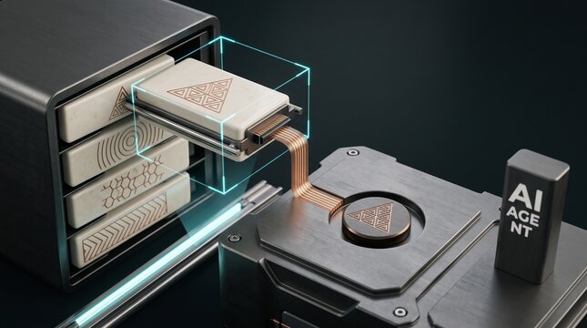 Modular artificial intelligence agent hardware system loading ceramic data cartridge connected to processing unit in futuristic server setup