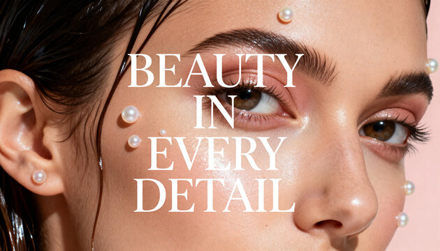 Beautiful female model with luminous natural skin, glossy wet hair and translucent pearls integrated into her makeup, styled against a cream blush background with refined beauty typography.