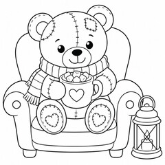 Obraz premium Cute little teddy bear sitting in an armchair holding a mug of hot cocoa with marshmallows, perfect for autumn and winter themed children's coloring books.