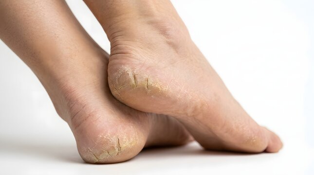 A closeup picture of cracked heels which happen when dry skin on the bottom of the foot splits due to pressure and a lack of moisture